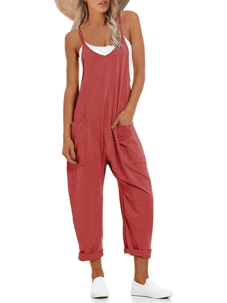 Women's Rust Red V Neck Sleeveless Overalls Stretchy Adjustable Strap Romper